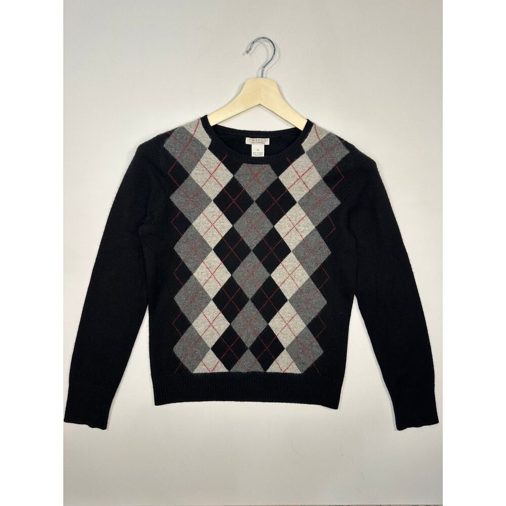 Tweeds 100% Cashmere Argyle V-Neck Sweater in Black and Gray Size Medium